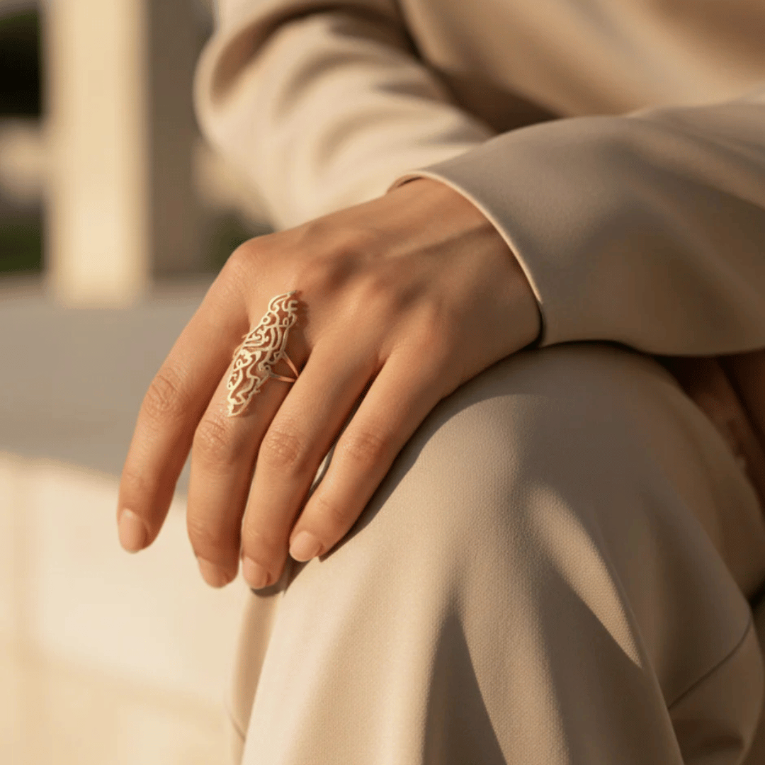 Noor Palestine Calligraphy Map Ring