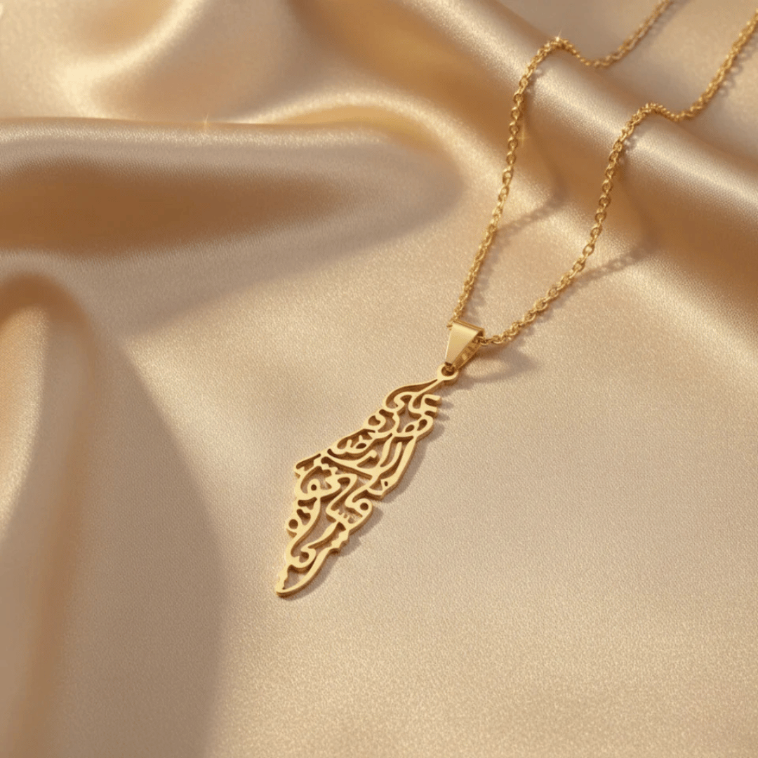 Noor Palestine Calligraphy Map Necklace