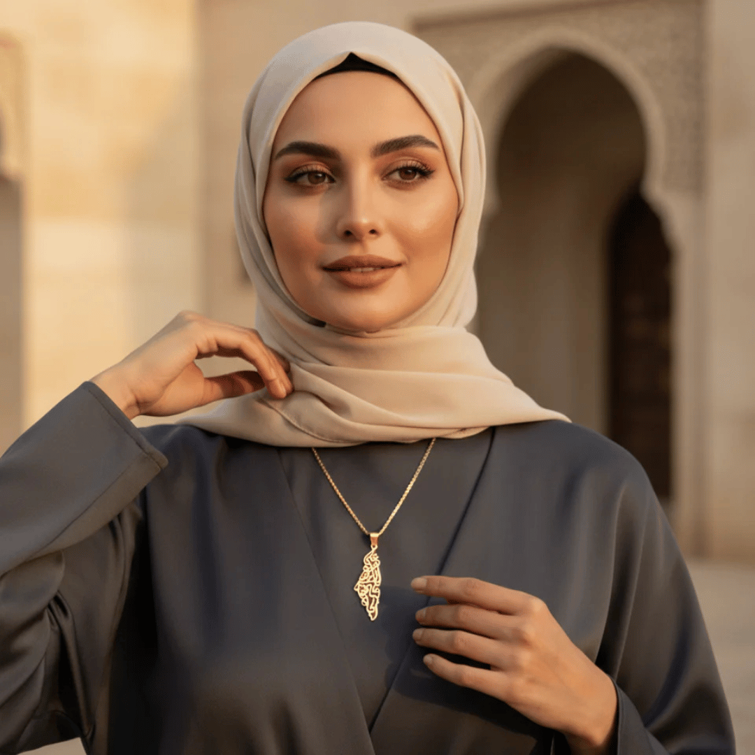Noor Palestine Calligraphy Map Necklace